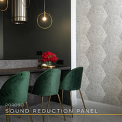 In a luxurious lifestyle setting, the HEXBO product enhances elegantly designed home decor with noise insulation panels in the form of acoustic hexagon panels installed as a backdrop feature wall. White marble acoustic hexagonal panels are used for the entire feature wall, effectively serving as noise insulation panels.