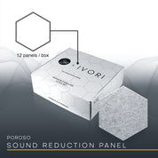 Image shows HEXBO product packaging that includes 12 acoustic sound reduction panels. Alternative to sound proof foam. Enhances sound isolation when combined with sound reducing foam. 