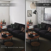 Before and after of HEXBO installation in living room. Modern, luxurious aesthetic to help reduce noise. Good in condo living or apartment living or with close neighbors. Hexagon acoustic panels is a better alternative to sound reducing panels.