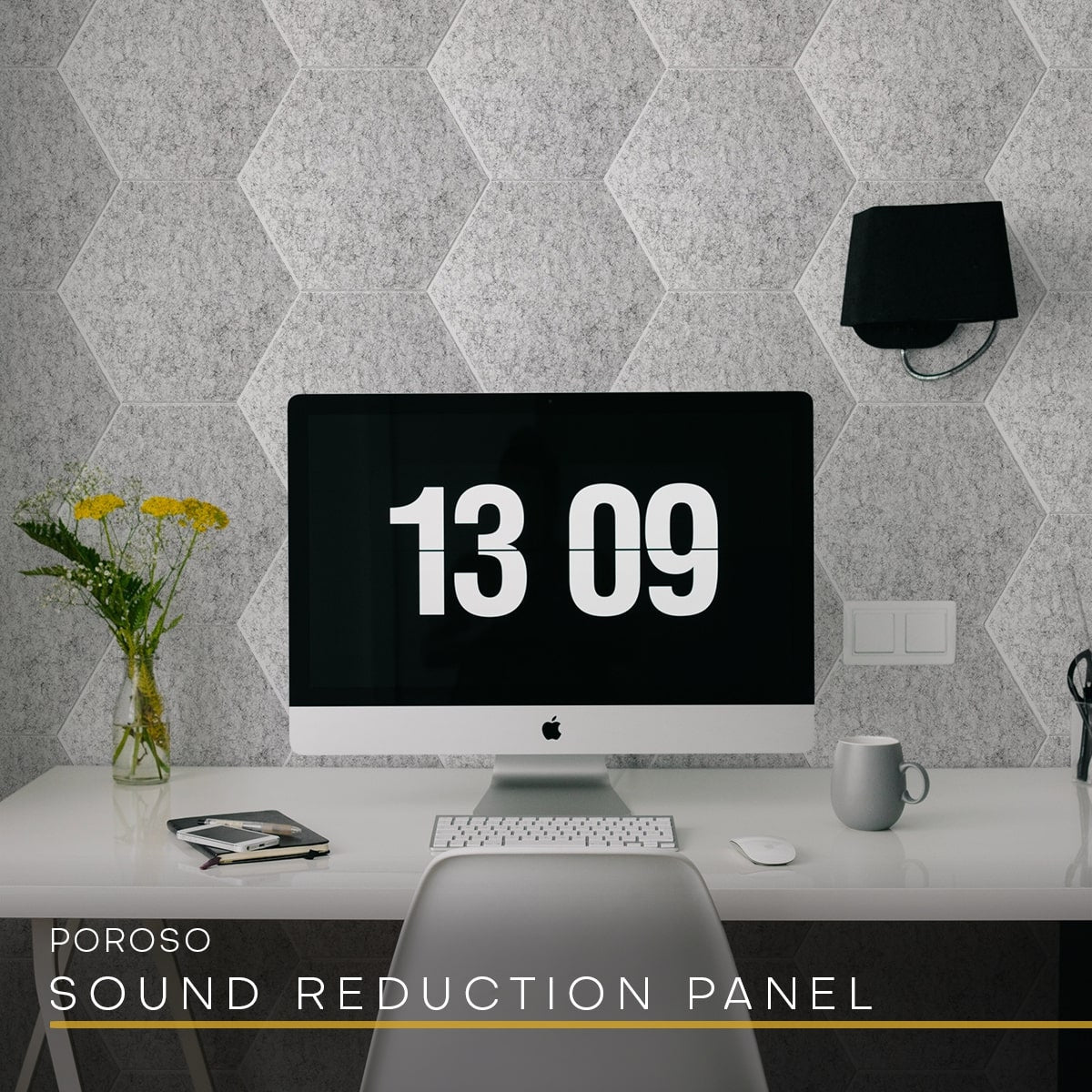 POROSO HEXBO installation in white marble color for modern home office space. Hexagonal acoustic panels eliminate environmental noise during video calls, video meetings, podcast recording, and voiceover gigs. Panel soundproofing for work at home WFH users.