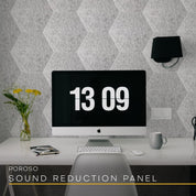 POROSO HEXBO installation in white marble color for modern home office space. Hexagonal acoustic panels eliminate environmental noise during video calls, video meetings, podcast recording, and voiceover gigs. Panel soundproofing for work at home WFH users.