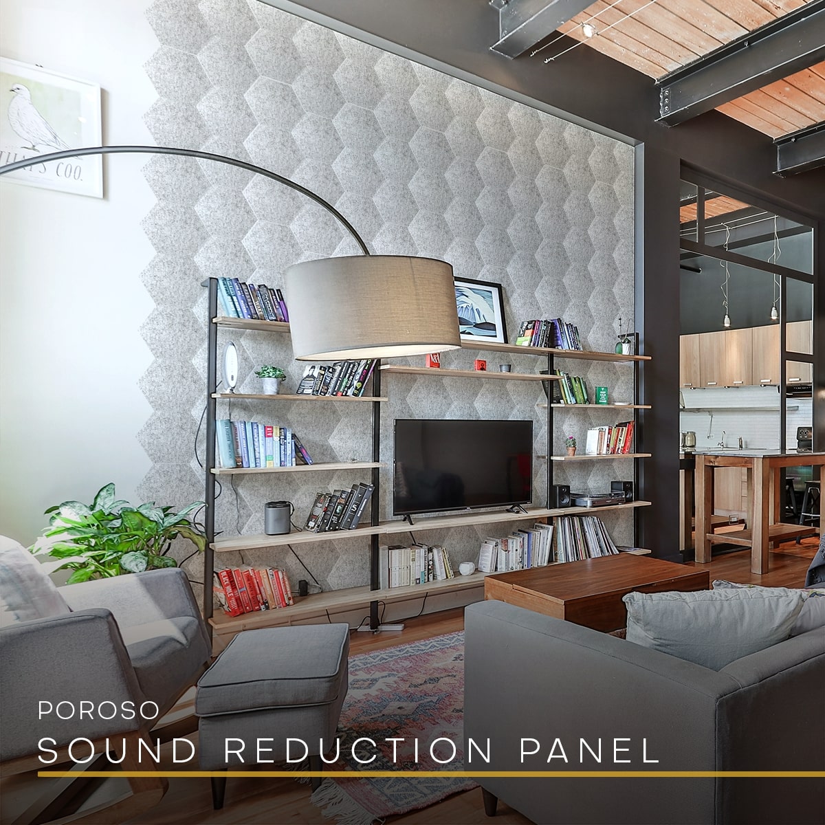 POROSO HEXBO installation in an open spaced loft apartment or condo loft. Reduce sound noise for home theatre, living room, recreation room, great room or entertaining space while maintaining modernized decor. Acoustic foam panels in hex shape is good alternative to basic soundproof wall panels