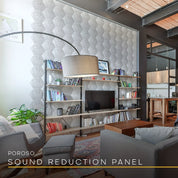 POROSO HEXBO installation in an open spaced loft apartment or condo loft. Reduce sound noise for home theatre, living room, recreation room, great room or entertaining space while maintaining modernized decor. Acoustic foam panels in hex shape is good alternative to basic soundproof wall panels